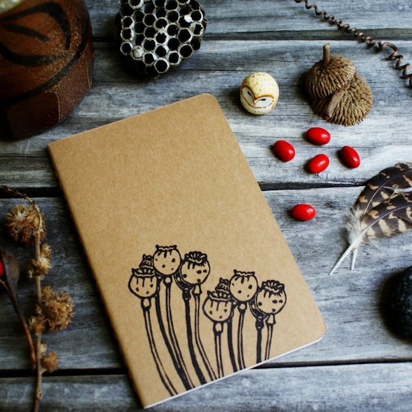 Poppy Flower Pod Notebook Moleskine Journal Hand Carved Rustic Nature Floral Garden Hike Camping Vacation