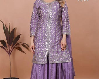 Lavender Chinon Sharara Suit Set, Indian Wedding Outfit, Sequin Embroidered Top & Sharara with Dupatta