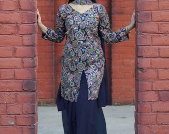 Handmade Navy Blue Silk Sharara Set, Sequin Mirror Embroidery, Indian Wedding Outfit