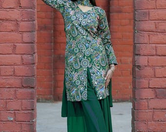 Green Silk Sharara Set, Mirror Work Indian Outfit, Party Wear