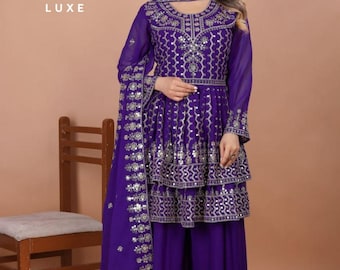 Completo Sharara in georgette blu, ricamo di paillettes, abito da sposa indiano
