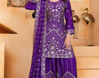Purple Silk Sharara Set, Pakistani Sharara Suit, Wedding & Festive Wear Sequin Embroidery Dresses Outfit