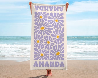 Personalized Retro Flower Beach Towel: Groovy Daisy Floral Kids Towel