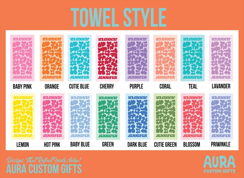 Puede incluir: Una exhibici&oacute;n de toallas personalizadas en varios colores, cada una con un estampado floral y el nombre "Jennifer". Los colores incluyen rosa beb&eacute;, naranja, azul cutie, cereza, morado, coral, verde azulado, lavanda, lim&oacute;n, rosa intenso, azul beb&eacute;, verde, azul oscuro, verde cutie, blossom y priwinkle.
