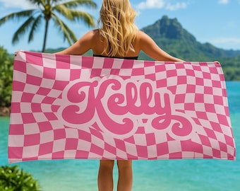 Personalized Checkerboard Beach Towel: Custom Name, Soft Cotton Back
