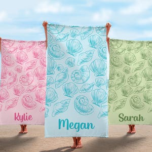 Personalized Seashell Beach Towel: Girls Trip Towel, Custom Summer Gift, Bridesmaids Towel, Bachelorette Towel, Kids Pool Gift, Party Favor