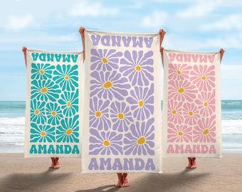 Personalized Retro Flower Beach Towel: Groovy Daisy Floral Kids Towel, Girls Trip Towels, Toddler beach towels,  bachelorette towels