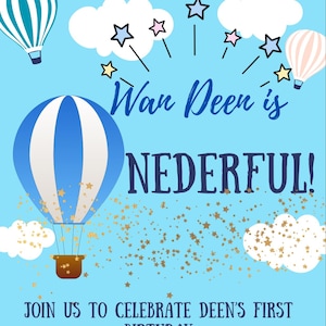 Blue Hot Air Balloon Onederful Birthday Template, Birthday Invitation, Onederful First Birthday