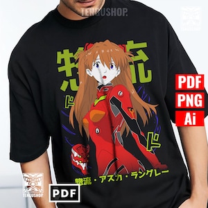May include: Black t-shirt featuring a vibrant anime illustration of a character in a red suit with long orange hair. Japanese text and a red mask graphic are also present. The shirt has the text "TENGUSHOP" on it.