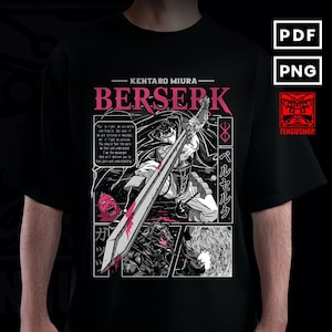 May include: Black t-shirt featuring a graphic design from the manga series Berserk. The design includes the title "BERSERK" in pink, artwork of a character wielding a large sword, and Japanese text. The shirt also has the text "KENTARO MIURA".
