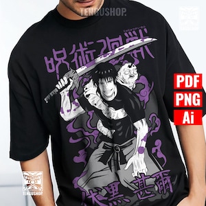 Puede incluir: Camiseta negra con un gráfico de estilo anime de un personaje empuñando una espada, en morado y blanco. El diseño incorpora texto japonés y una ilustración detallada. La camiseta tiene cuello redondo y mangas cortas.