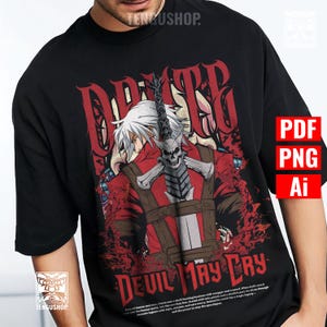 Puede incluir: Camiseta negra con un gráfico de un personaje con pelo blanco y una espada, con las palabras "DEVIL MAY CRY" en rojo. El diseño incluye una calavera y otros detalles, con texto en la parte inferior.