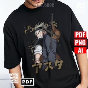 May include: Black t-shirt featuring a graphic of an anime character with a large sword. The design includes Japanese text and gold accents. The shirt has a crew neck and short sleeves.
