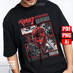Puede incluir: Camiseta negra con un diseño gráfico rojo y blanco. El diseño presenta la palabra "BERSERK" en japonés e inglés, junto con ilustraciones de personajes y el texto "Black Swordsman".