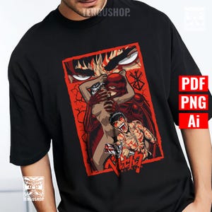 Puede incluir: Camiseta negra con un gráfico rojo y blanco de la serie manga Berserk. El diseño incluye ilustraciones de personajes en una escena dramática, con la palabra "BERSERK" en escritura japonesa.