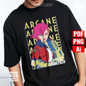 May include: Black t-shirt with a graphic of a character with pink hair, blue eyes, and a red jacket. The text "ARCANE" is vertically stacked on the left, with "LEAGUE OF LEGENDS" below the character.
