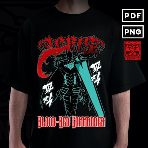 Puede incluir: Camiseta negra con un diseño de guerrero en rojo y turquesa. El diseño incluye el texto "BLOOD-RED COMMANDER" y caracteres japoneses. La camiseta también tiene los textos "PDF" y "PNG" en cajas blancas y un logotipo rojo.