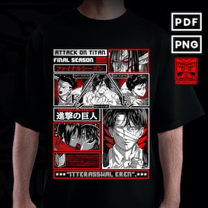 Puede incluir: Camiseta negra con un diseño gráfico de la serie de anime "Attack on Titan". El diseño incluye ilustraciones de personajes, texto japonés y la frase "Final Season". La camiseta tiene cuello redondo.