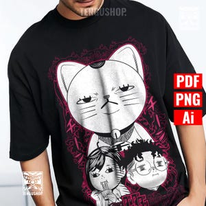 May include: Black t-shirt featuring a white cat illustration with a black collar and a bell. The cat is surrounded by a pink decorative border and two cartoon figures. The text "PDF, PNG, Ai" is on the right side of the shirt.