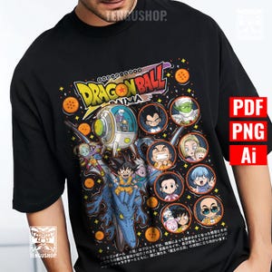 Puede incluir: Camiseta negra con un diseño gráfico colorido de la serie de anime Dragon Ball. El diseño incluye varios personajes, un dragón y el logotipo de Dragon Ball. El texto de la imagen está en japonés.