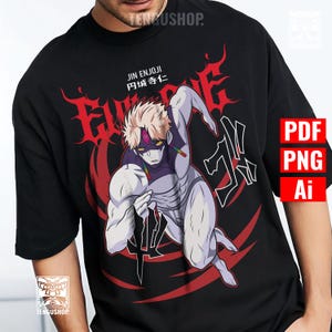 May include: Black t-shirt featuring a dynamic anime-style illustration. The design includes a muscular figure with white hair, a purple mask, and a red and white graphic. Text in Japanese and English is also present.
