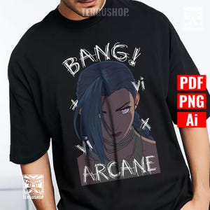 May include: Black t-shirt with a graphic of a character from the animated series "Arcane." The design includes the words "BANG!" and "ARCANE," along with the character's name, "Vi." The character has blue hair and a stern expression.