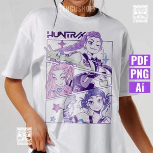 May include: White t-shirt featuring a graphic of three anime-style women in a comic book panel design. The word "HUNTRX" is above the panels. The women have purple, pink, and blue hair. The shirt also has the words "PDF", "PNG", and "Ai" on the right side.