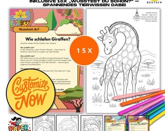 May include: A coloring book set featuring a giraffe, with the text "Süße schlafende Tiere zum Ausmalen - 15 PDF'S" and "INKLUSIVE 15X 'WUSSTEST DU SCHON?' SPANNENDES TIERWISSEN DABEI". Includes coloring pages and educational facts.