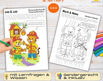 Puede incluir: Dos páginas para colorear en blanco y negro con personajes de animales como bomberos y músicos. Las páginas se titulan "Lea & Leo" y "Mark & Mona" e incluyen texto en alemán. Listas para colorear.