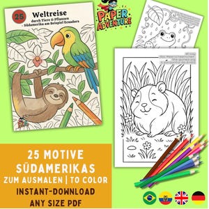 Könnte beinhalten: Ausmalbilder mit südamerikanischen Motiven, darunter ein Papagei und ein Faultier auf dem Cover. Der Text lautet: "25 Motive Südamerikas zum Ausmalen | To Color Instant-Download Any Size PDF". Enthält ein Meerschweinchen.