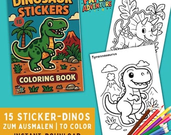May include: A dinosaur-themed coloring book with a green dinosaur on the cover, accompanied by two coloring pages featuring a Triceratops and a Tyrannosaurus. The image includes colored pencils and the text "DINOSAUR STICKERS" and "COLORING BOOK".
