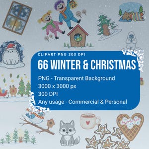 Könnte beinhalten: Eine Sammlung von Winter- und Weihnachtskunst-Clips. Das Bild enthält Illustrationen von Kindern, Tieren, einem Vogelhaus, einer Tasse Kakao, Keksen und einem Fenster. Der Text auf dem Bild lautet "66 WINTER & CHRISTMAS".