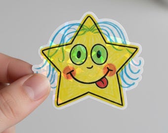 Cheerful Fun Sticker | Holographic Vinyl Sticker, Star Kids Drawing Design, Funny Face, Motivation for Kids & Adults