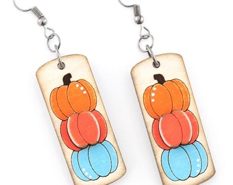 Pendientes de calabaza, pendientes colgantes de madera hechos a mano, joyas de otoño con calabazas naranjas y azules