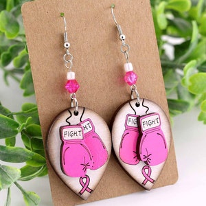 Breast Cancer Earrings with Awareness Ribbon, Breast Cancer Jewelry Gift for Her, Handmade Wood Dangle Earrings, Wear Pink for a Survivor
