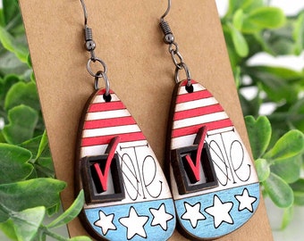 Pendientes de votación, pendientes colgantes patrióticos con bandera estadounidense, regalo de joyería llamativo para ella, pendientes colgantes de madera hechos a mano para elecciones