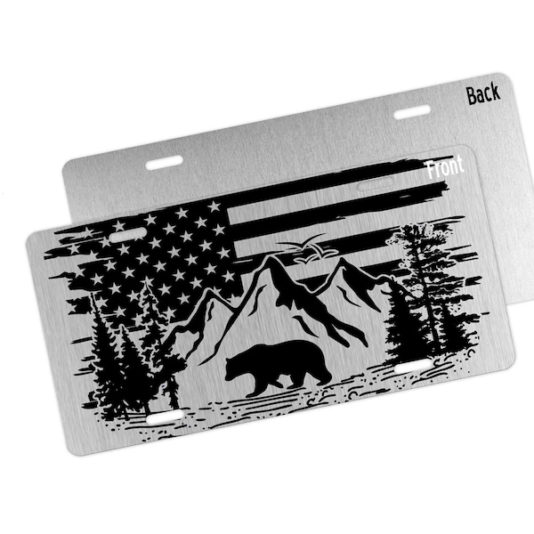 Bear License Plate, Custom License Plate, Vanity Car Tag with Flag