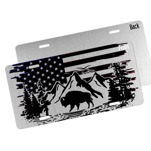 Bison Front License Plate, Bison License Plate with American Flag, Vanity License Plate, Custom License Plate Car Tag