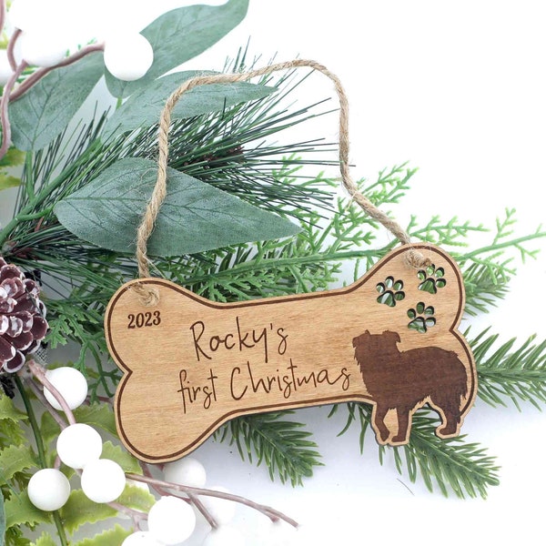 Personalized Dogs First Christmas Ornament, Australian Shepherd Handmade Wood Ornament Christmas Tree Decor, New Puppy Gift for Dog Lover