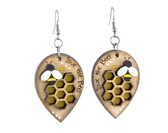Pendientes de abeja, pendientes colgantes Save the Bees, pendientes de madera de abeja de miel, regalo de joyería de abeja para ella