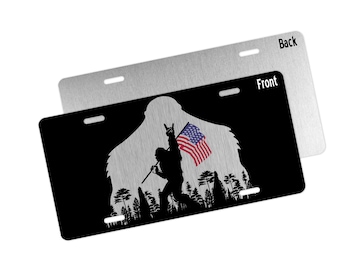 Placa de matrícula de Bigfoot, placa de matrícula personalizada de Sasquatch, placa de matrícula decorativa con bandera