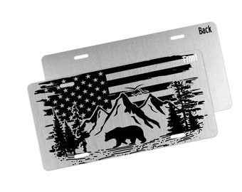 Placa de matrícula con diseño de oso, placa de matrícula personalizada, placa decorativa para coche con bandera