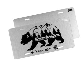 Placa de matrícula delantera de Papa Bear, placa de matrícula de oso con 7 cachorros, placa de matrícula de vanidad de oso, etiqueta de coche de matrícula personalizada de oso, regalo para papá