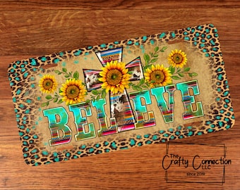 Placa de matrícula delantera con diseño de fe, placa de matrícula personalizada con girasoles occidentales, placa de identificación cruzada para coche