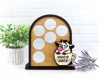 Soporte y organizador de cápsulas de café, decoración de madera para barra de café o mostrador de cocina con vaca.