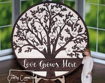 Love Grows Here Family Tree Wood Sign, Mothers Day gift, Birthday Gift, Grandma Gift, Gift for Mom, Grandchildren, Personalized with Names