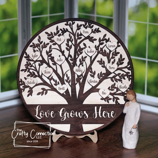 Love Grows Here Family Tree Wood Sign, Mothers Day gift, Birthday Gift, Grandma Gift, Gift for Mom, Grandchildren, Personalized with Names