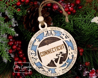 Adorno navideño de Connecticut, adorno de Connecticut, intercambio de adornos de madera, adorno del estado de Connecticut, adorno de viaje familiar
