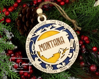 Adorno navideño de Montana, Adorno de Montana, Intercambio de adornos de madera, Adorno del estado de MT, Adorno de viaje familiar