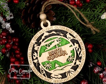 Adorno navideño de Carolina del Norte, Adorno de Carolina del Norte, Intercambio de adornos de madera, Adorno del estado de Carolina del Norte, Adorno de viaje familiar